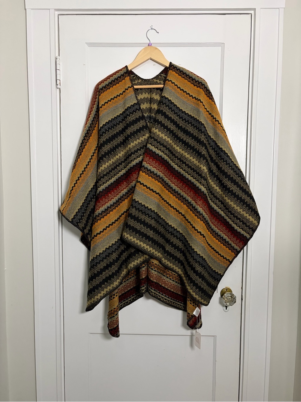 Striped Knit Poncho in Mustard, Black & Rust